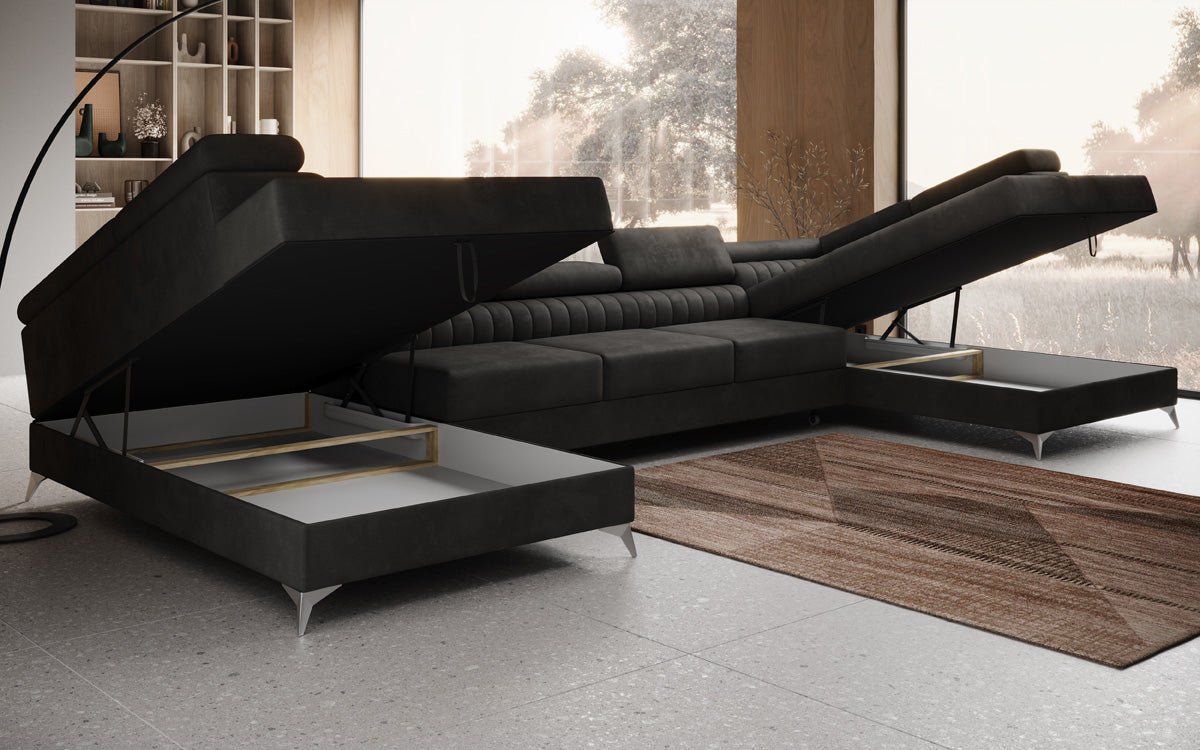 Designer Sofa Aurea U XXL mat Schloof- an Zesummeklappfunktioun a Samt