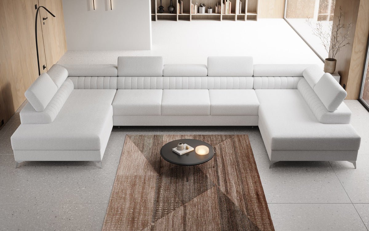 Designer Sofa Aurea U XXL mat Schloof- an Zesummeklappfunktioun a Bouclé