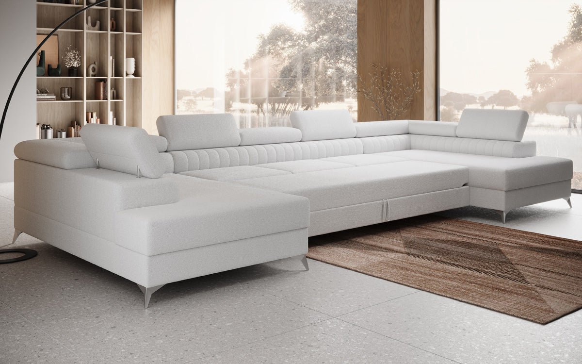 Designer Sofa Aurea U XXL mat Schloof- an Zesummeklappfunktioun a Bouclé