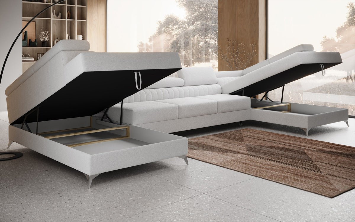 Designer Sofa Aurea U XXL mat Schloof- an Zesummeklappfunktioun a Bouclé