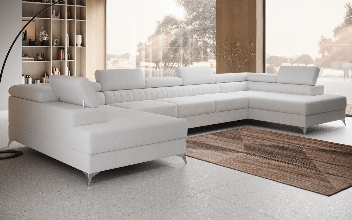 Designer Sofa Aurea U XXL mat Schloof- an Zesummeklappfunktioun a Bouclé