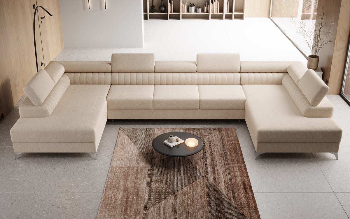 Designer Sofa Aurea U XXL mat Schloof- an Zesummeklappfunktioun a Bouclé