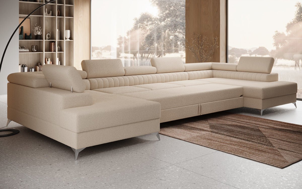 Designer Sofa Aurea U XXL mat Schloof- an Zesummeklappfunktioun a Bouclé