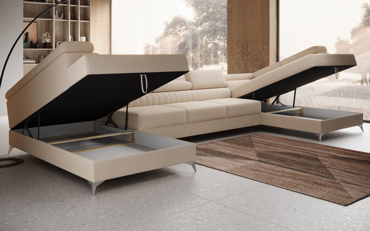 Designer Sofa Aurea U XXL mat Schloof- an Zesummeklappfunktioun a Bouclé