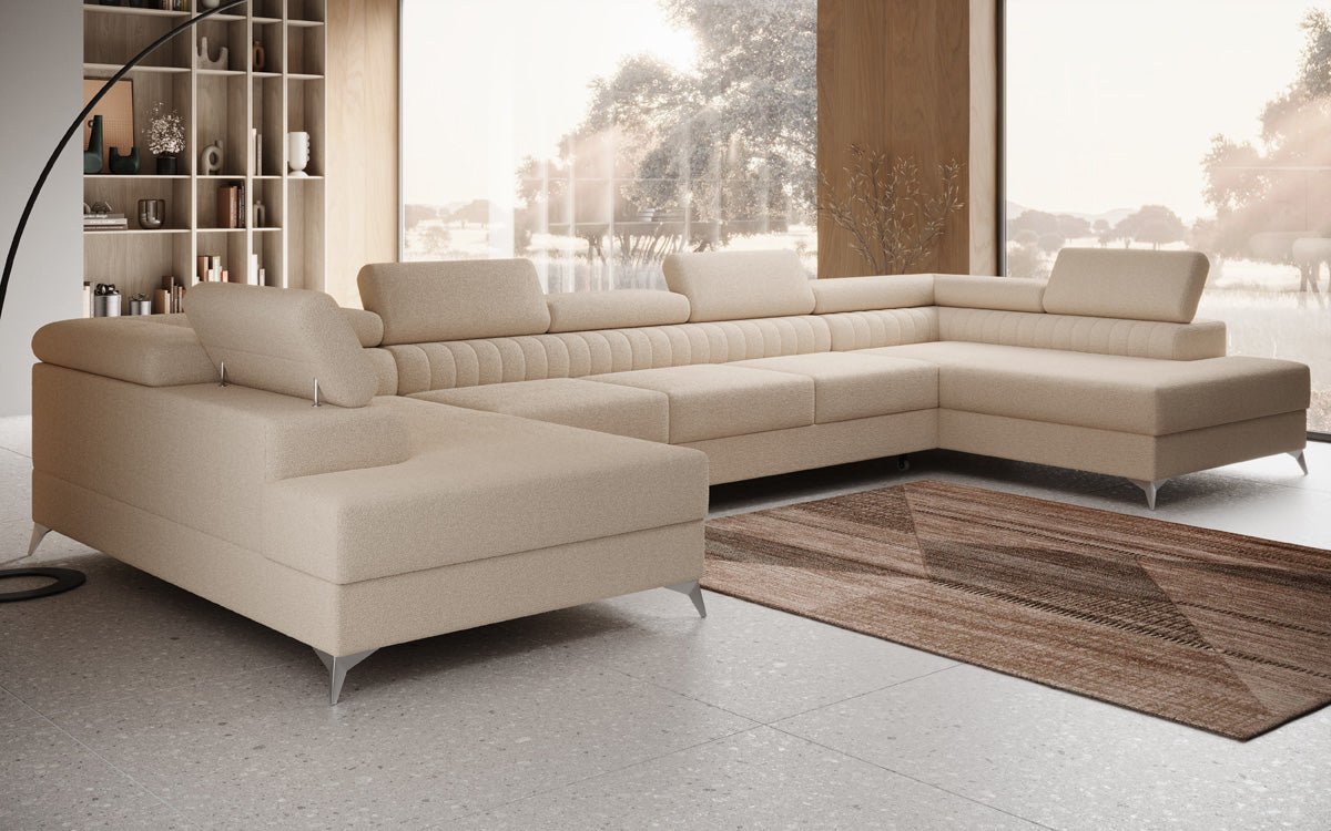 Designer Sofa Aurea U XXL mat Schloof- an Zesummeklappfunktioun a Bouclé