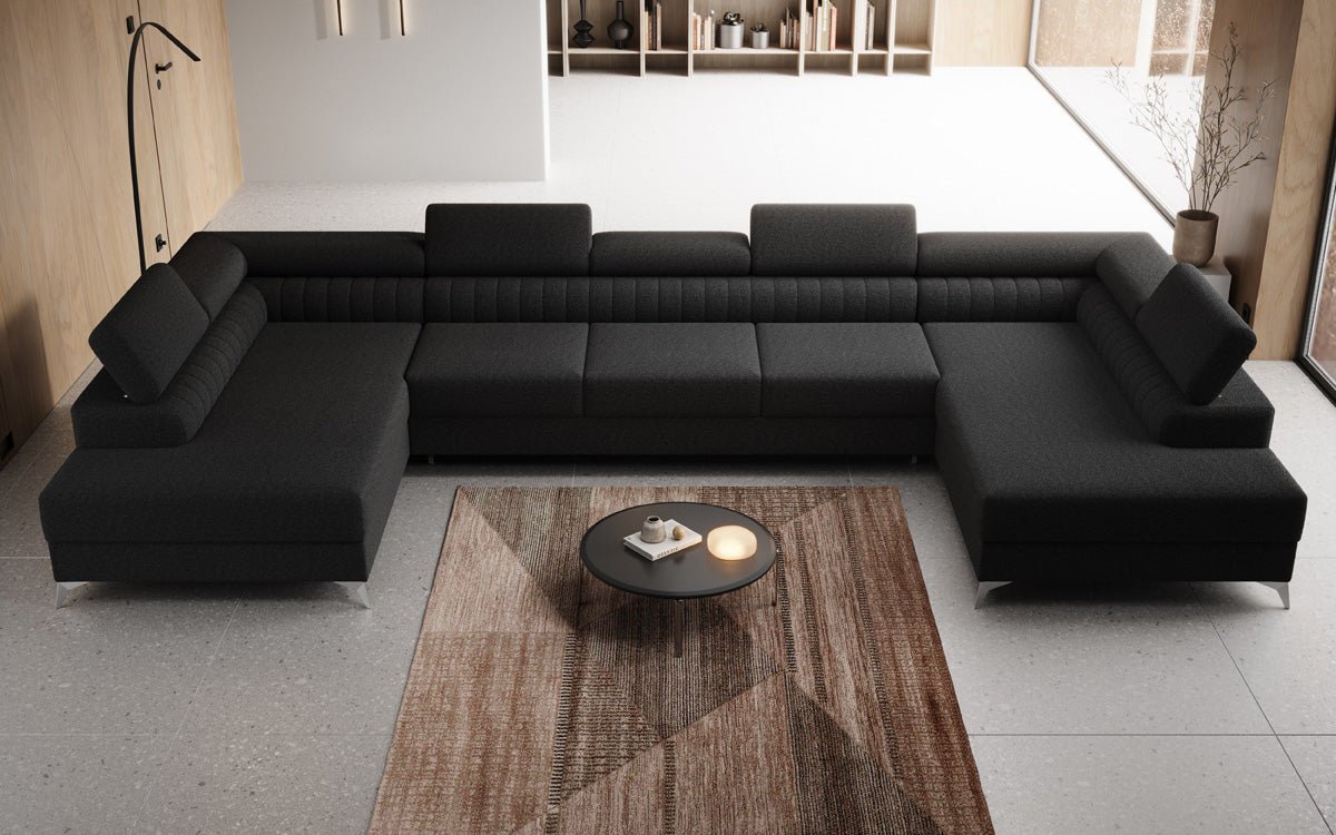Designer Sofa Aurea U XXL mat Schloof- an Zesummeklappfunktioun a Bouclé
