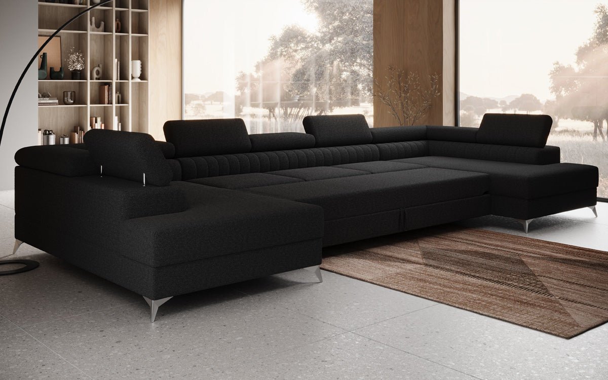 Designer Sofa Aurea U XXL mat Schloof- an Zesummeklappfunktioun a Bouclé