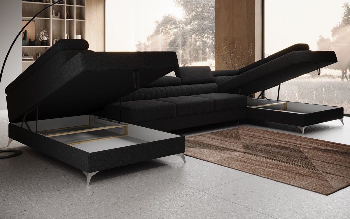 Designer Sofa Aurea U XXL mat Schloof- an Zesummeklappfunktioun a Bouclé