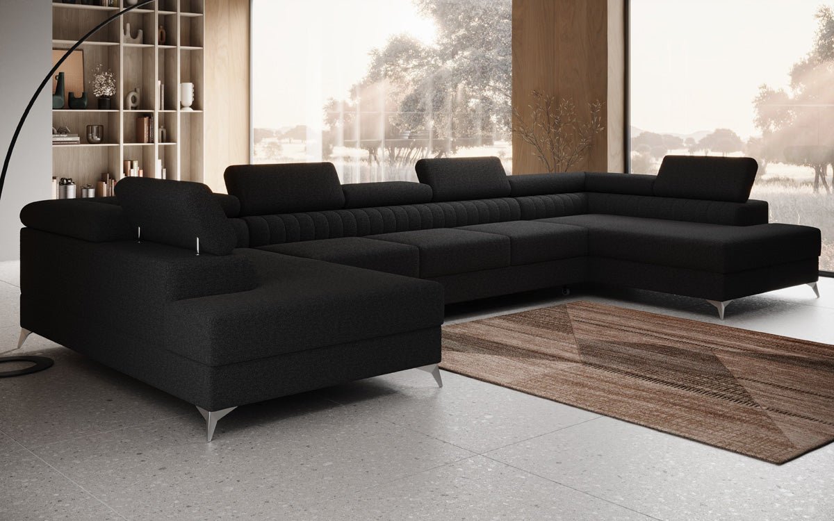 Designer Sofa Aurea U XXL mat Schloof- an Zesummeklappfunktioun a Bouclé