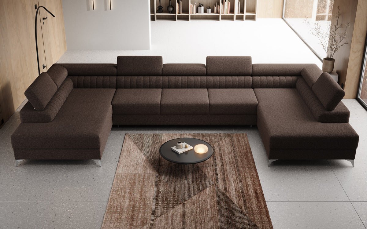 Designer Sofa Aurea U XXL mat Schloof- an Zesummeklappfunktioun a Bouclé