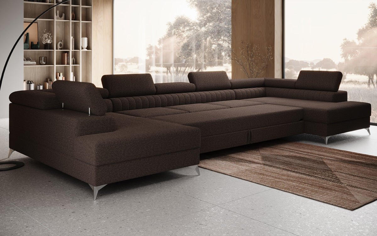 Designer Sofa Aurea U XXL mat Schloof- an Zesummeklappfunktioun a Bouclé