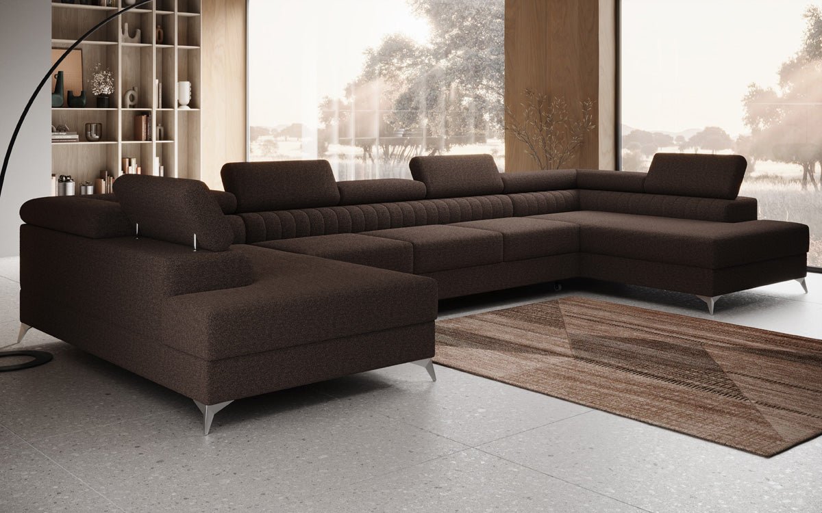 Designer Sofa Aurea U XXL mat Schloof- an Zesummeklappfunktioun a Bouclé