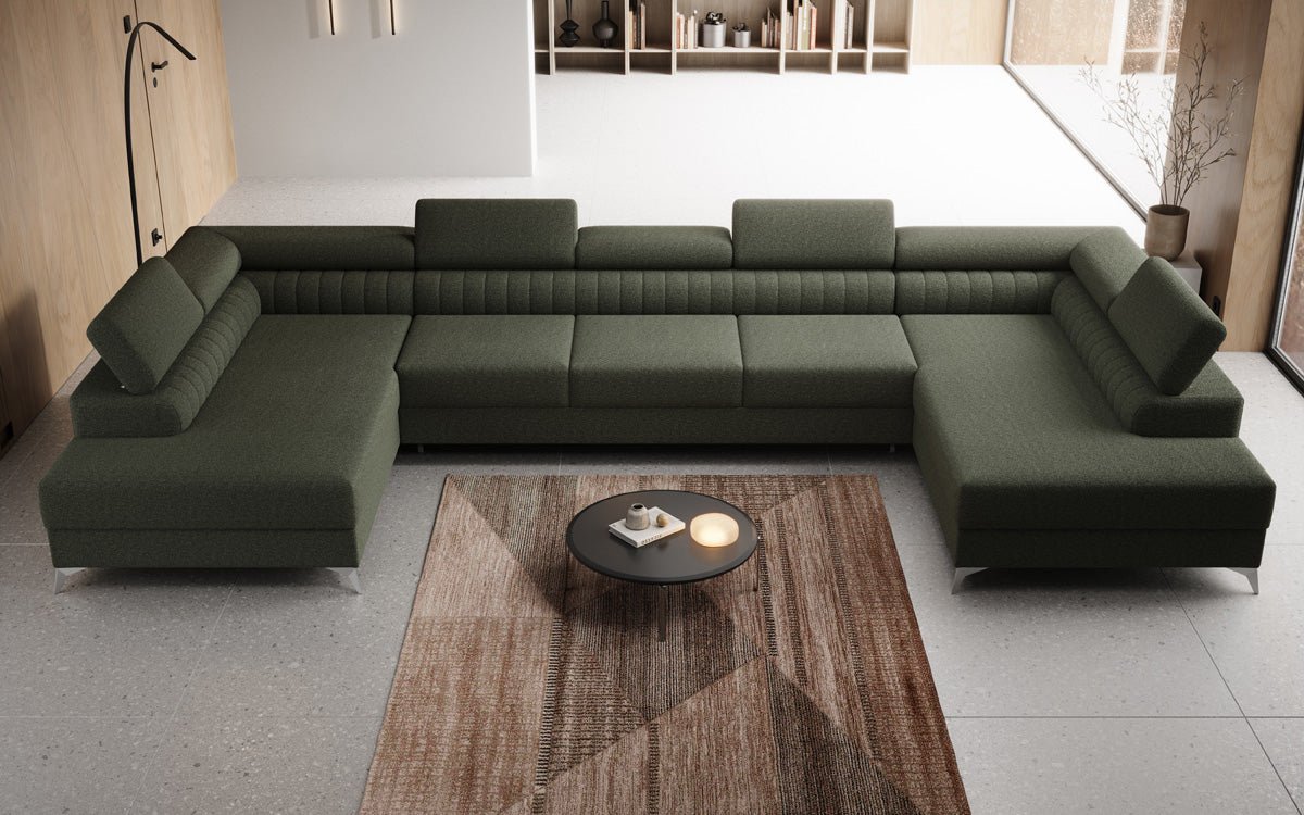 Designer Sofa Aurea U XXL mat Schloof- an Zesummeklappfunktioun a Bouclé