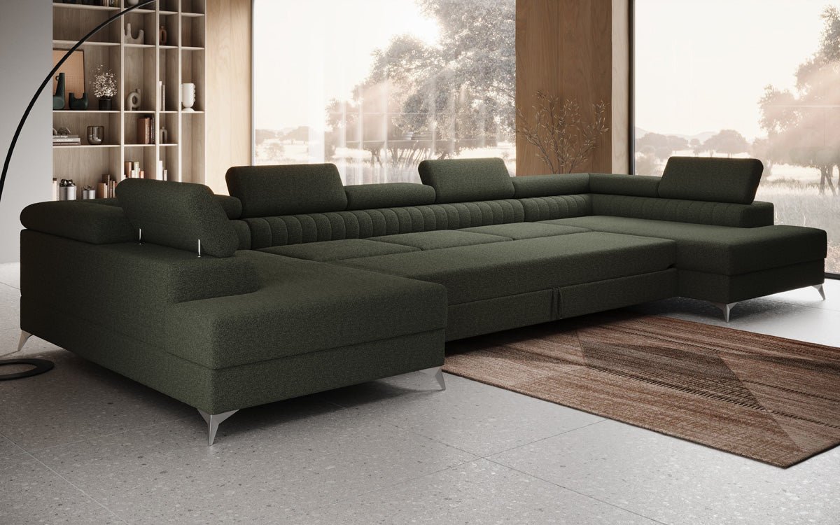 Designer Sofa Aurea U XXL mat Schloof- an Zesummeklappfunktioun a Bouclé