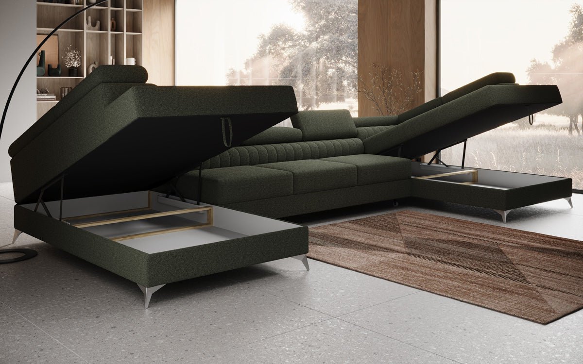 Designer Sofa Aurea U XXL mat Schloof- an Zesummeklappfunktioun a Bouclé