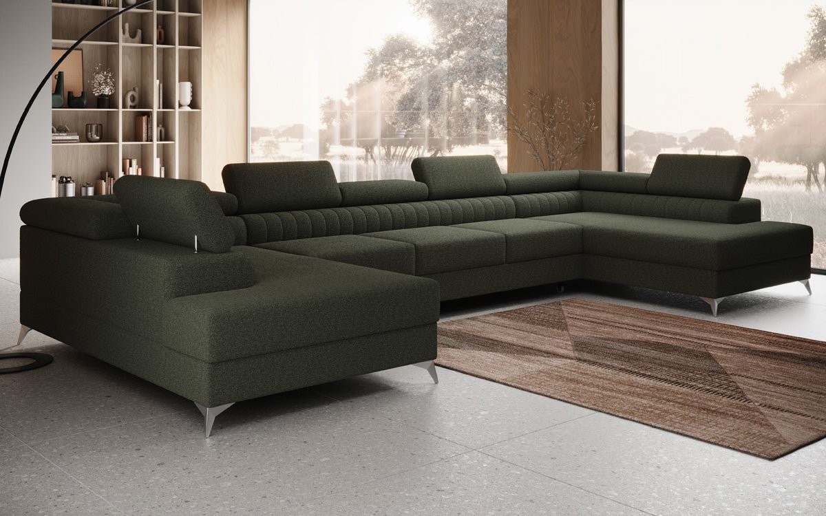 Designer Sofa Aurea U XXL mat Schloof- an Zesummeklappfunktioun a Bouclé