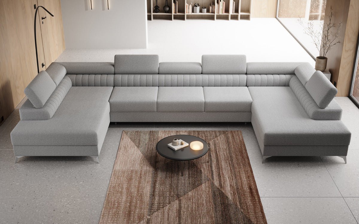 Designer Sofa Aurea U XXL mat Schloof- an Zesummeklappfunktioun a Bouclé