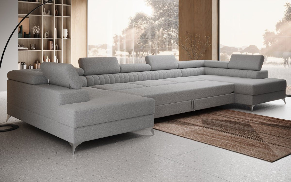Designer Sofa Aurea U XXL mat Schloof- an Zesummeklappfunktioun a Bouclé