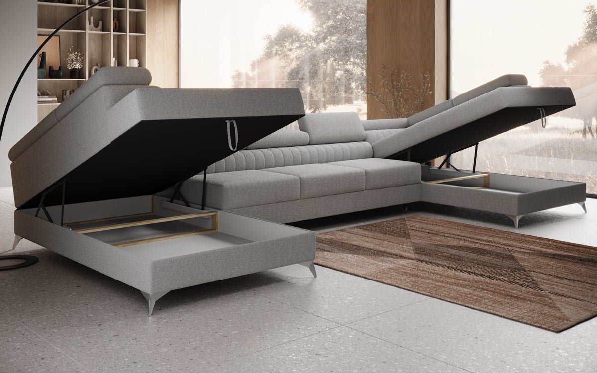 Designer Sofa Aurea U XXL mat Schloof- an Zesummeklappfunktioun a Bouclé