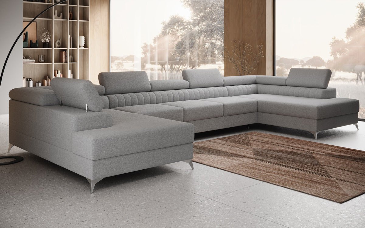 Designer Sofa Aurea U XXL mat Schloof- an Zesummeklappfunktioun a Bouclé