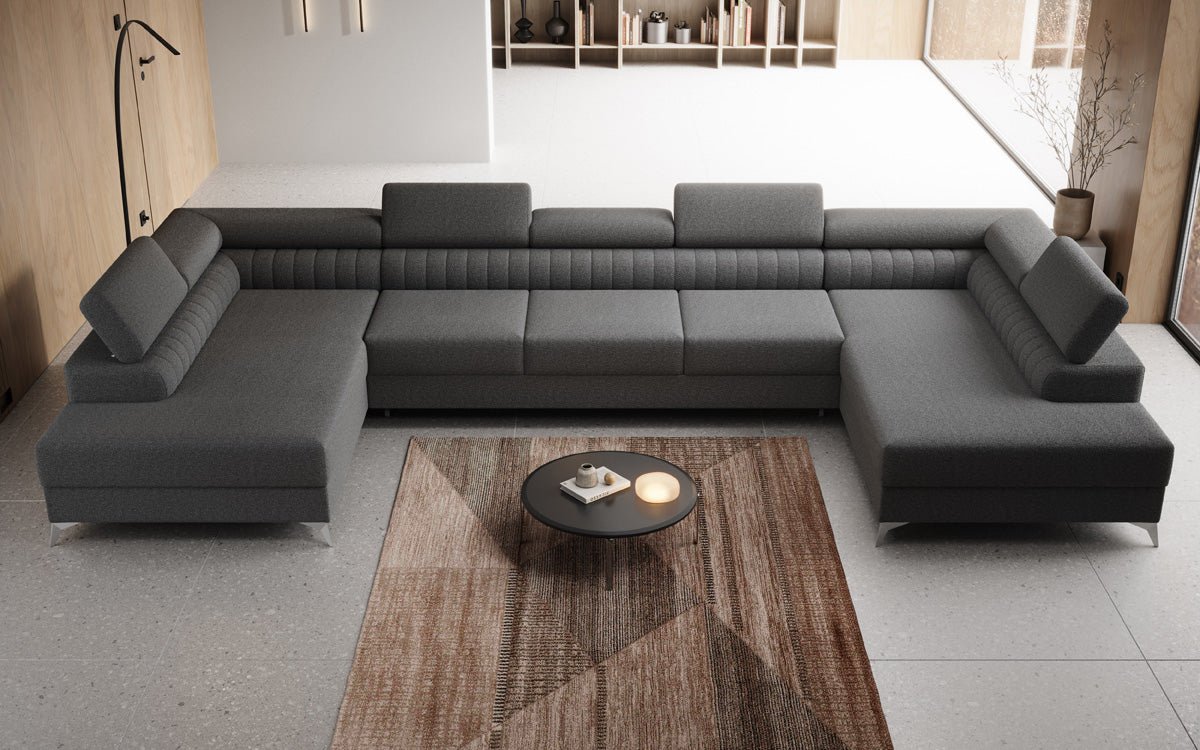 Designer Sofa Aurea U XXL mat Schloof- an Zesummeklappfunktioun a Bouclé