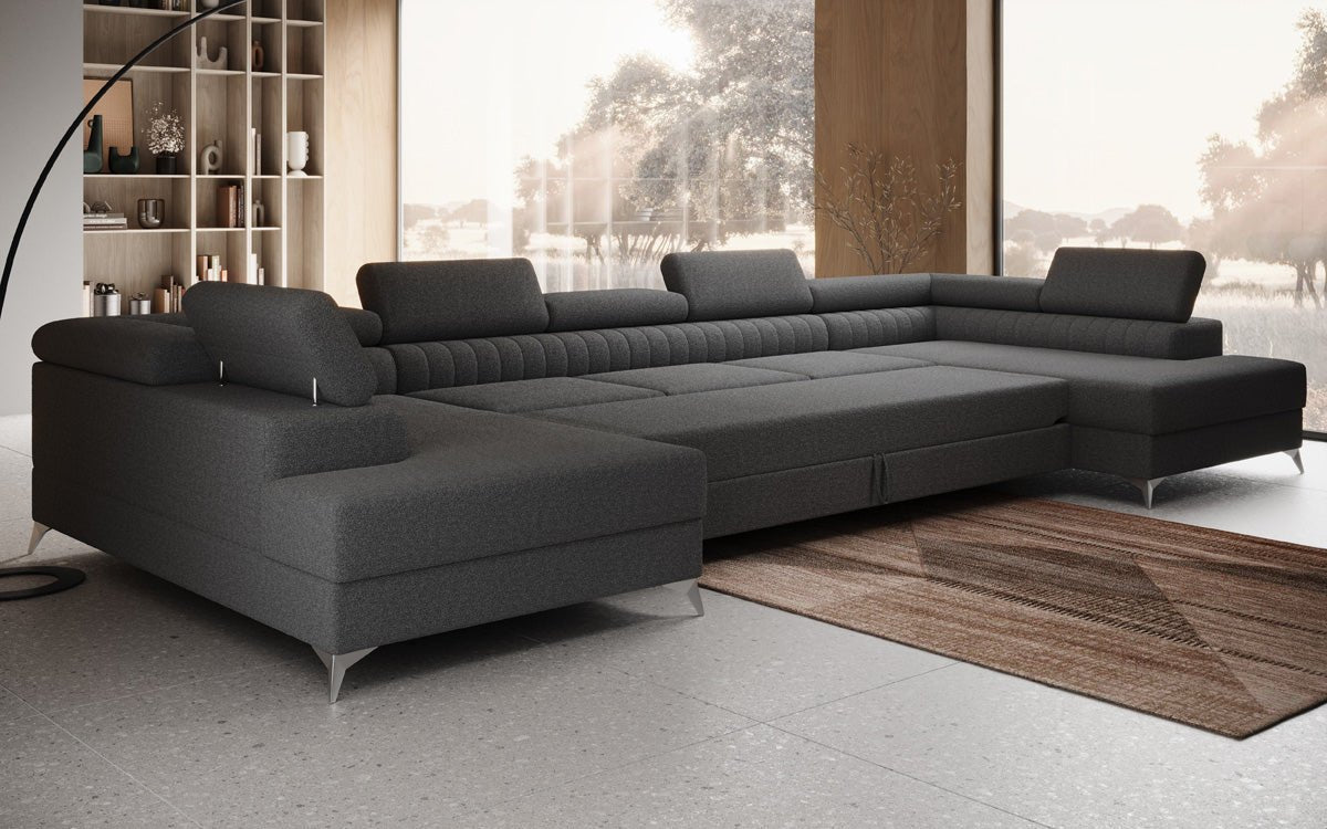 Designer Sofa Aurea U XXL mat Schloof- an Zesummeklappfunktioun a Bouclé
