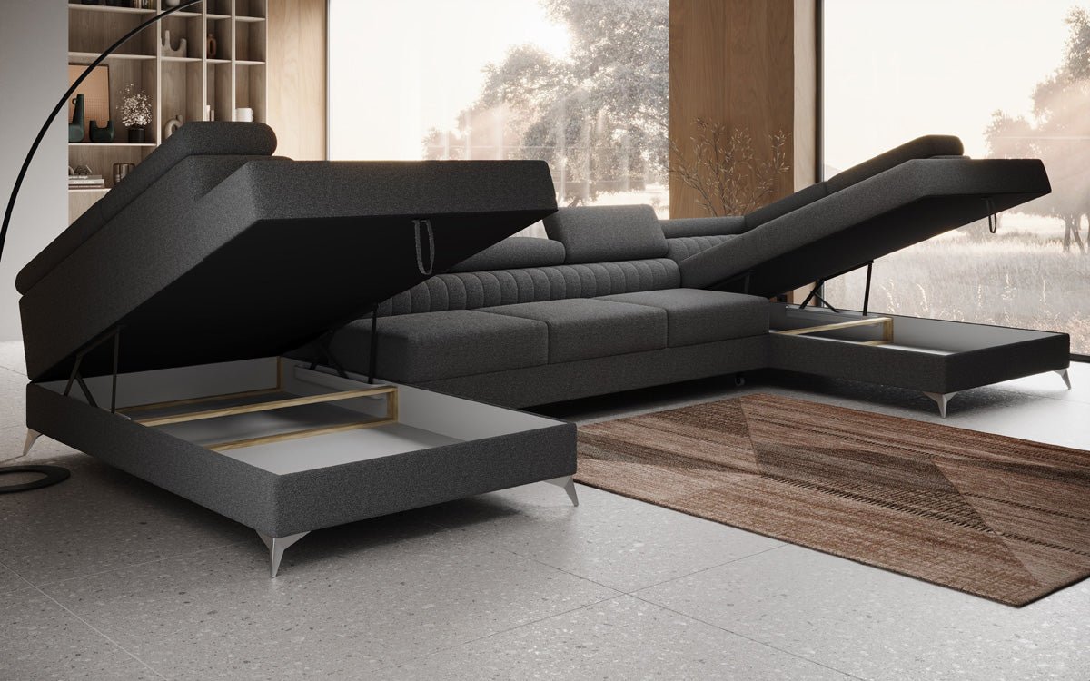 Designer Sofa Aurea U XXL mat Schloof- an Zesummeklappfunktioun a Bouclé