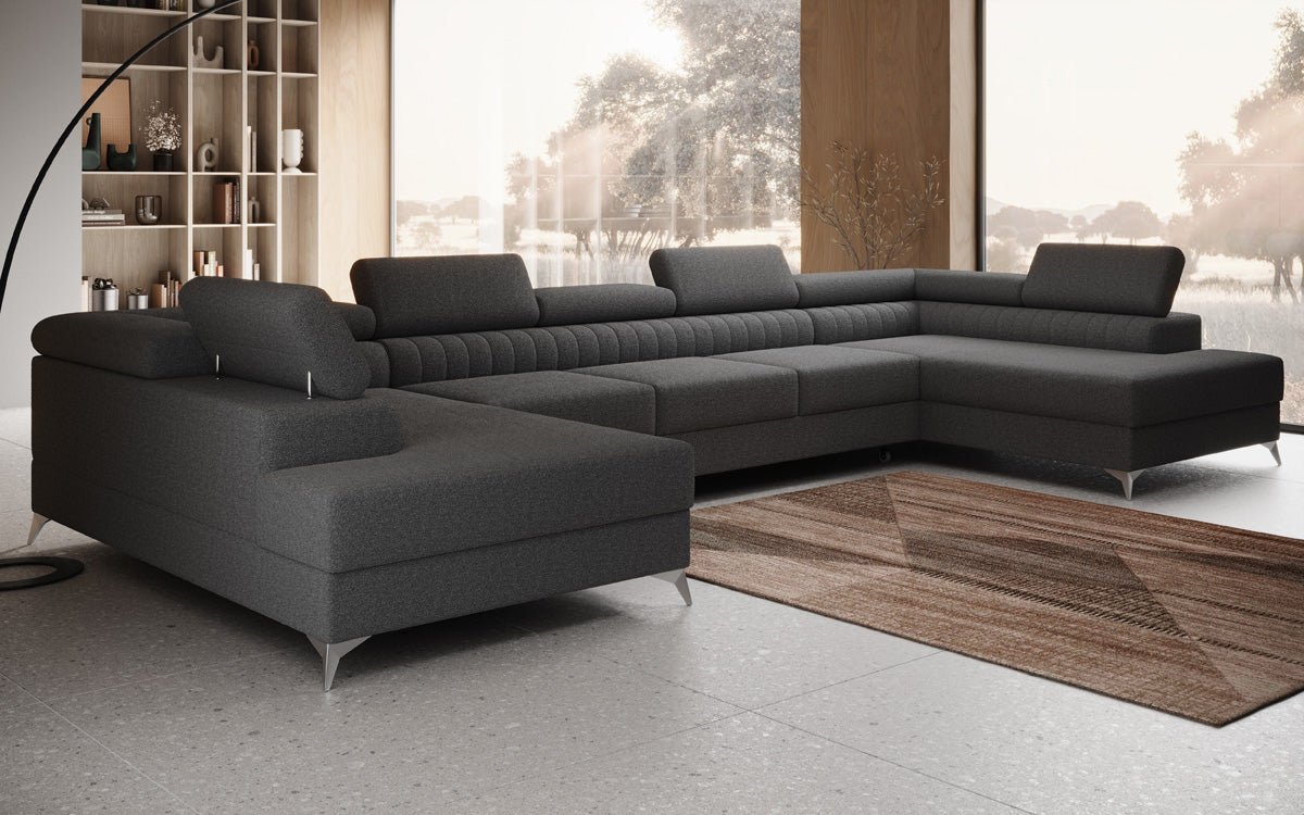 Designer Sofa Aurea U XXL mat Schloof- an Zesummeklappfunktioun a Bouclé