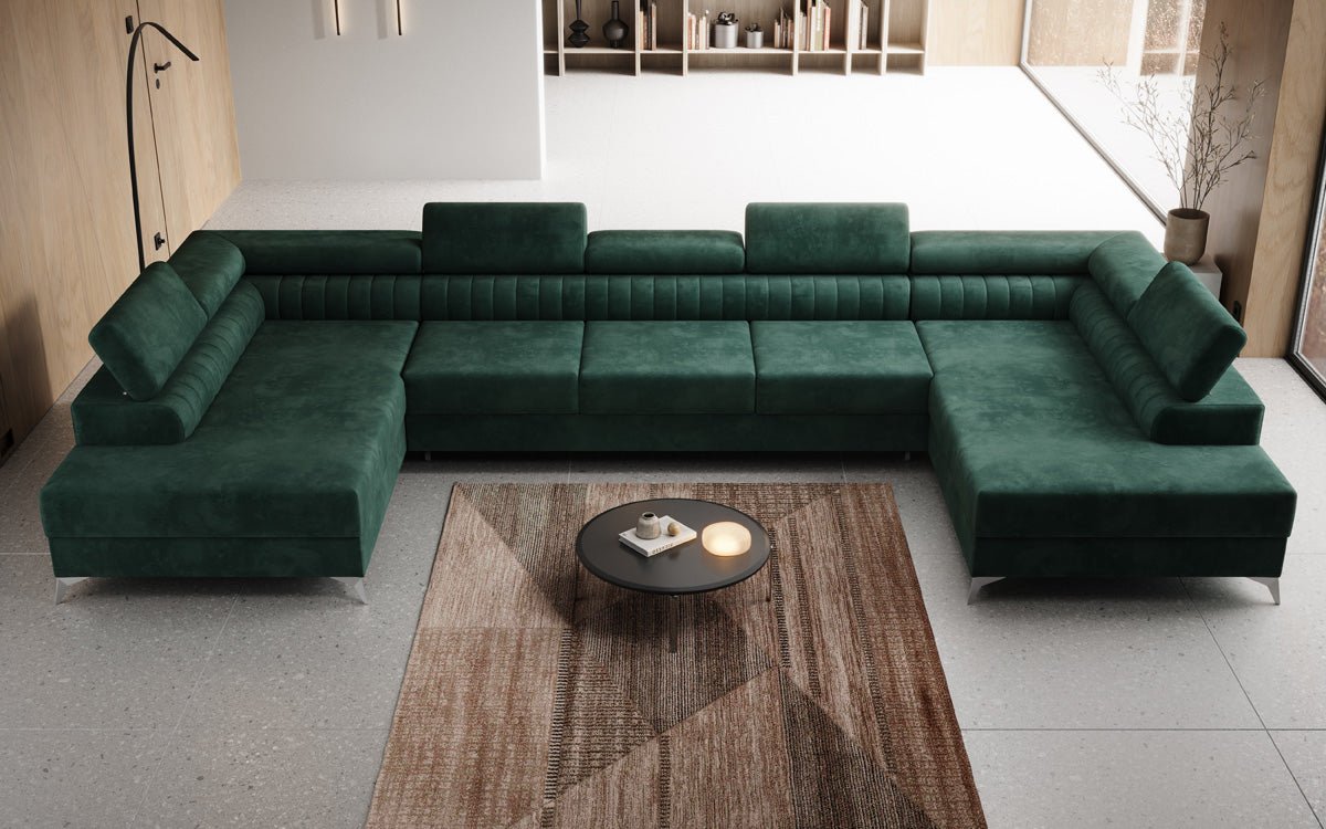 Designer Sofa Aurea U XXL mat Schloof- an Zesummeklappfunktioun a Samt