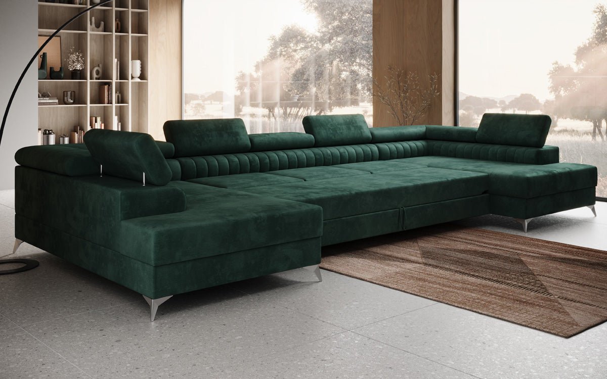 Designer Sofa Aurea U XXL mat Schloof- an Zesummeklappfunktioun a Samt