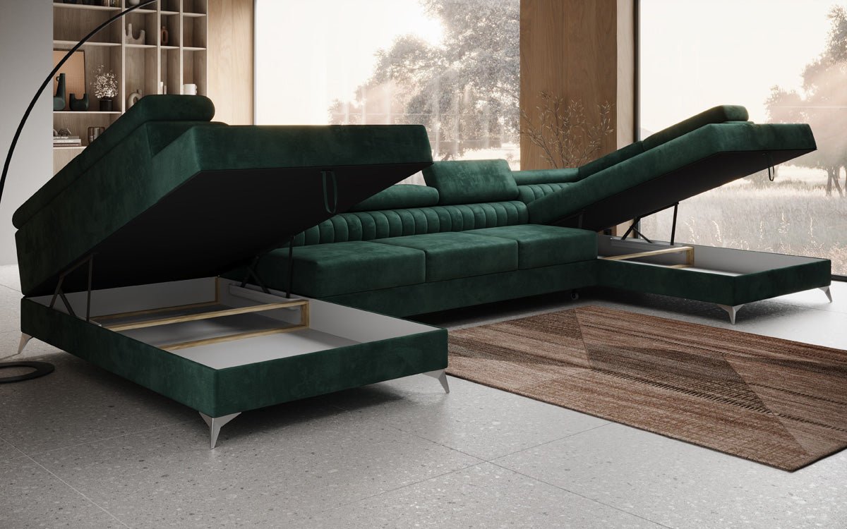 Designer Sofa Aurea U XXL mat Schloof- an Zesummeklappfunktioun a Samt