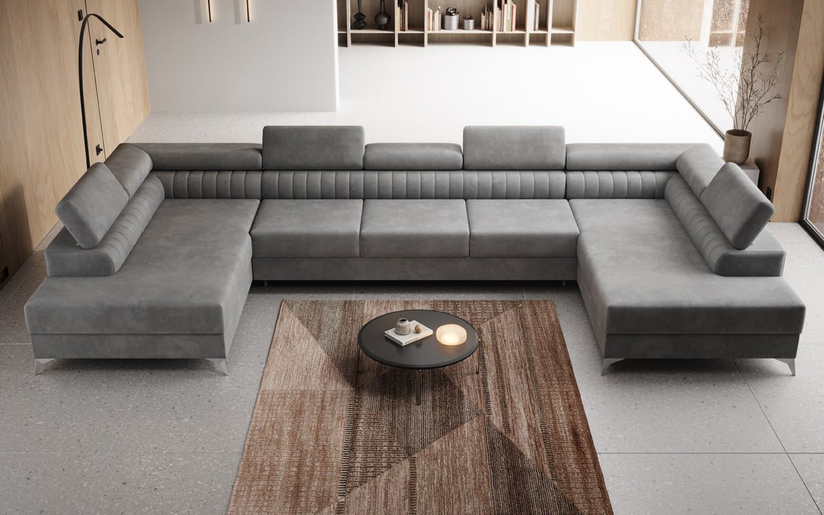 Designer Sofa Aurea U XXL mat Schloof- an Zesummeklappfunktioun a Samt