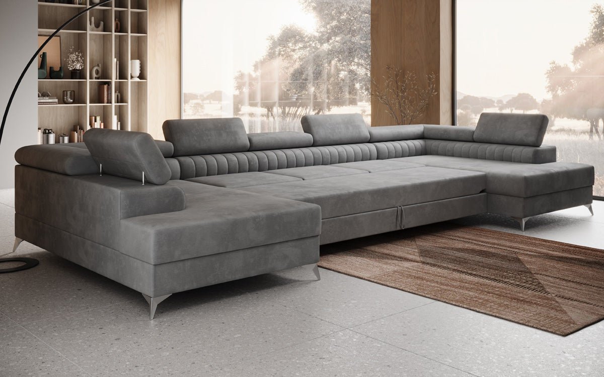 Designer Sofa Aurea U XXL mat Schloof- an Zesummeklappfunktioun a Samt