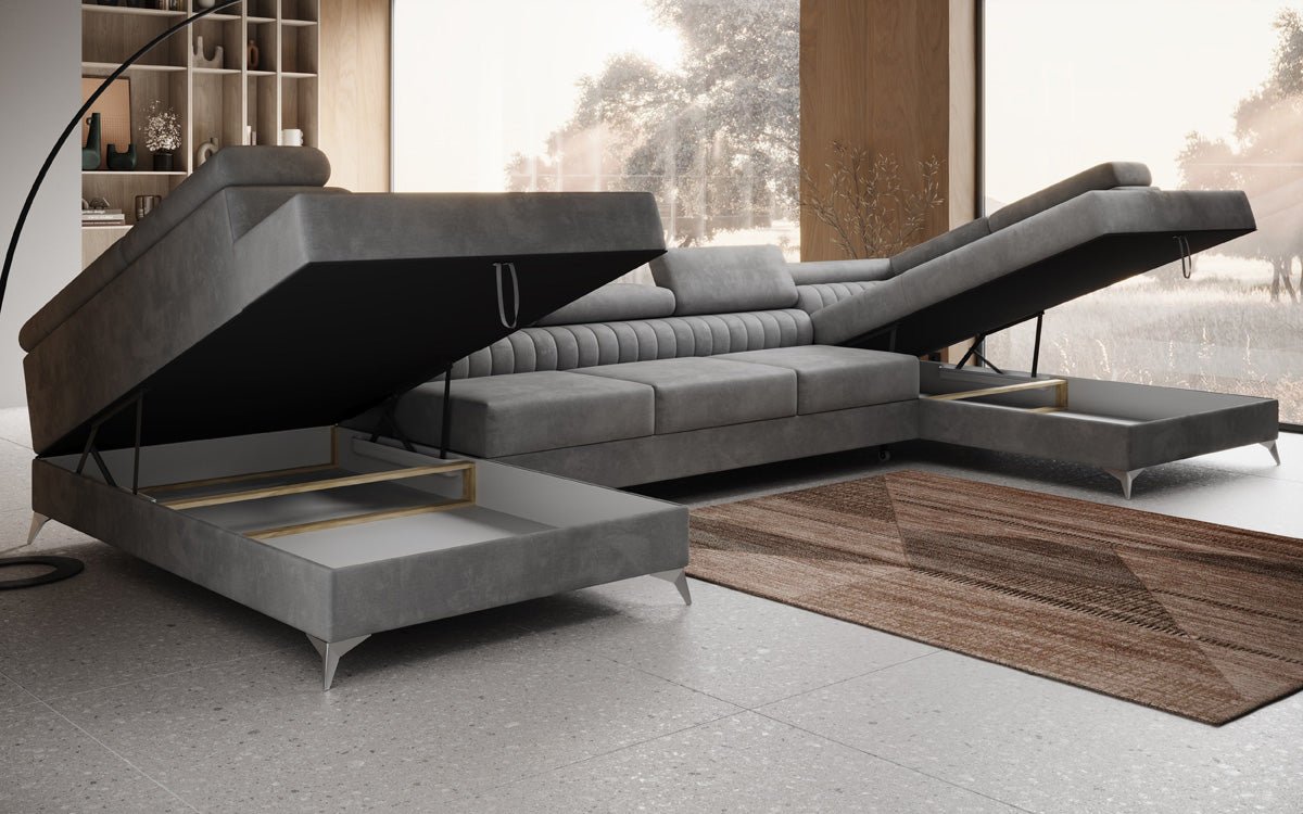 Designer Sofa Aurea U XXL mat Schloof- an Zesummeklappfunktioun a Samt