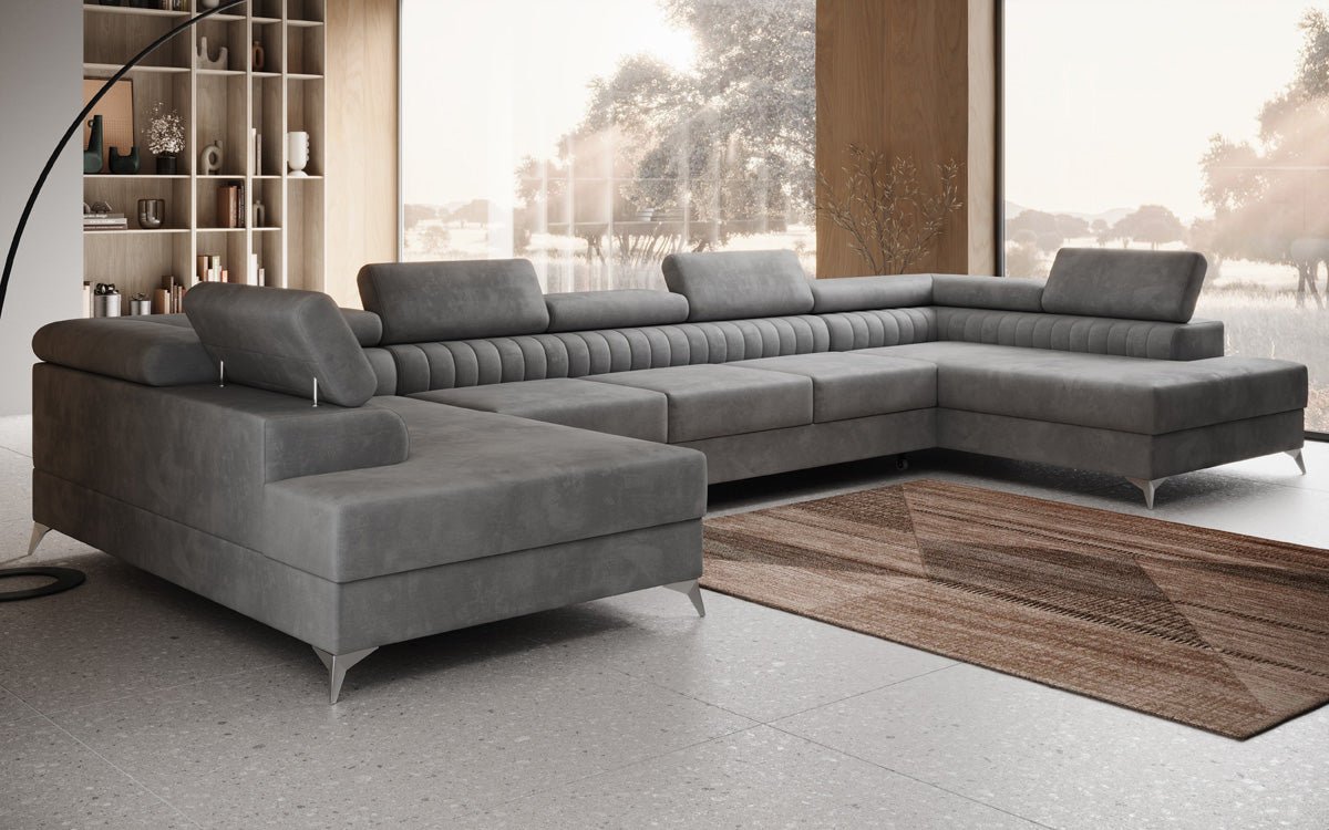 Designer Sofa Aurea U XXL mat Schloof- an Zesummeklappfunktioun a Samt