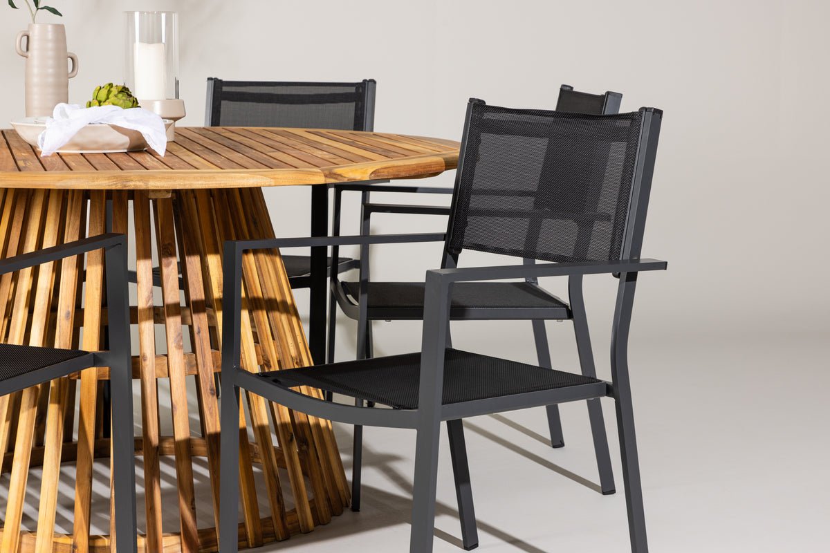 Garten Essgruppe Sona – 7-teiliges Gartenmöbel-Set mit schwarzen Stühlen und Tisch aus Akazie