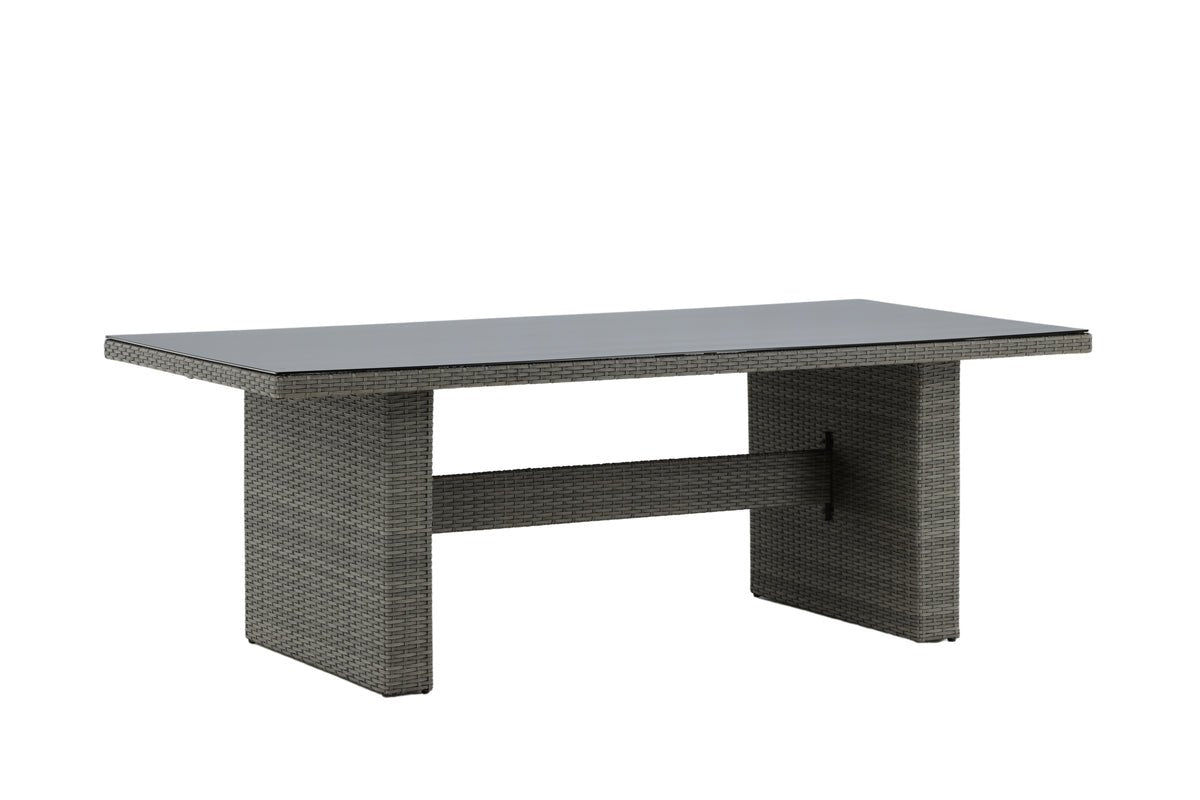 Garten Esstisch Valerio - 200x100 cm aus grauem Rattan mit Glasplatte