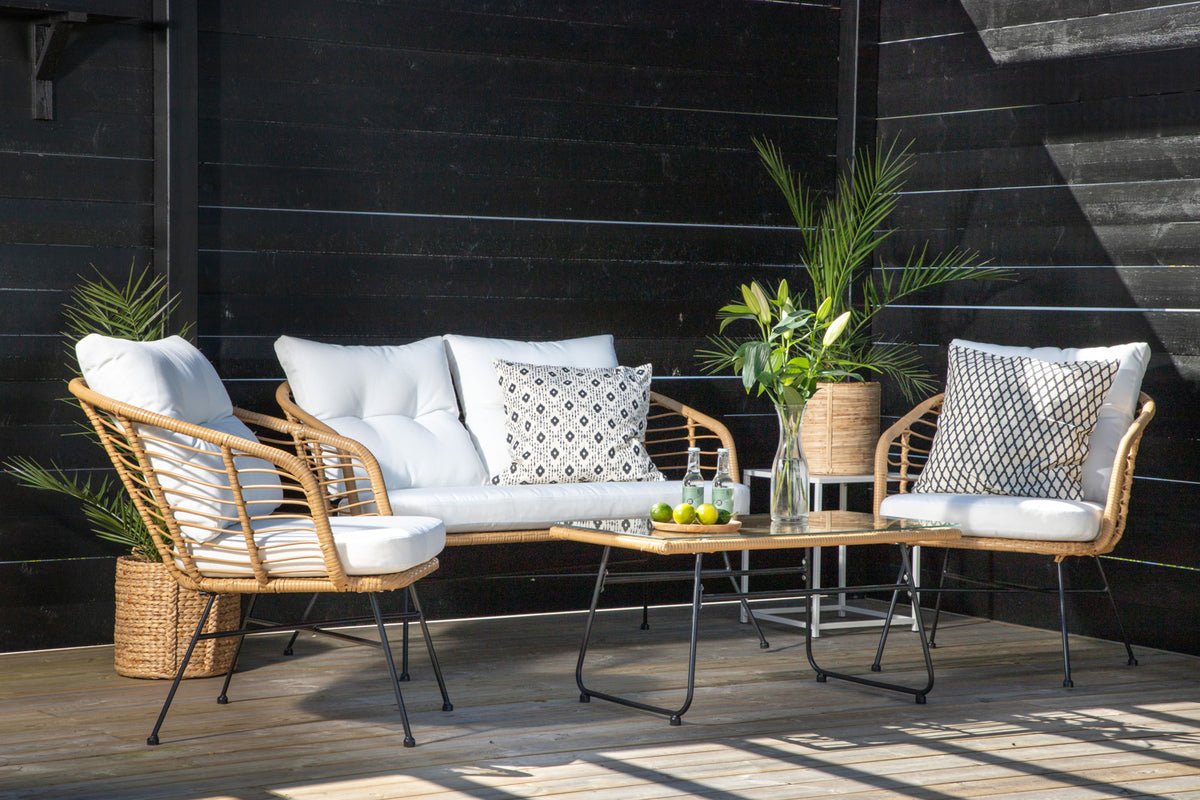 Garten Loungeset Raina – 4-teiliges Set mit Glasplatte & Kissen