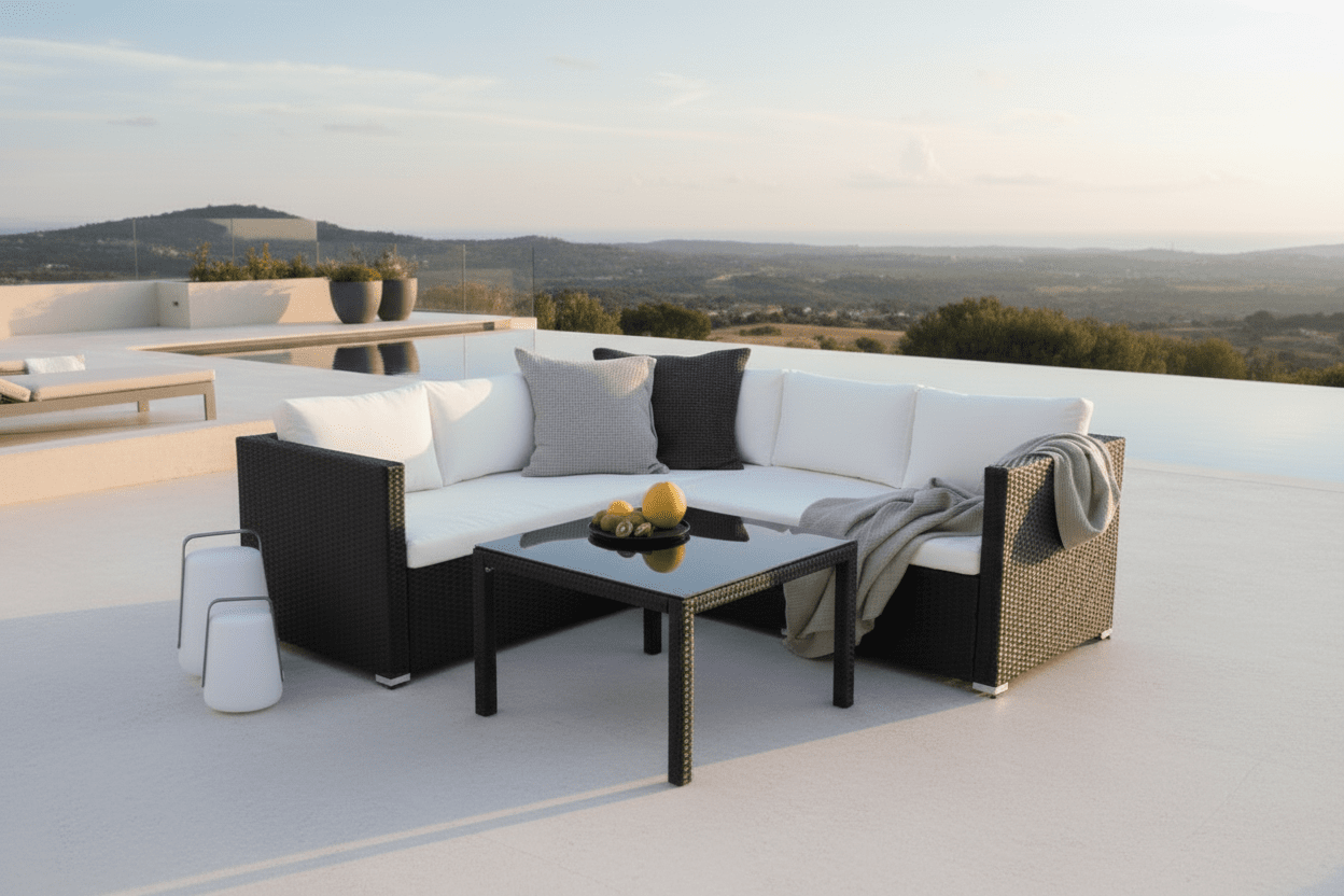 Gaart Loungeset Liana – mat schwaarzem Geflecht & wäisse Këssen