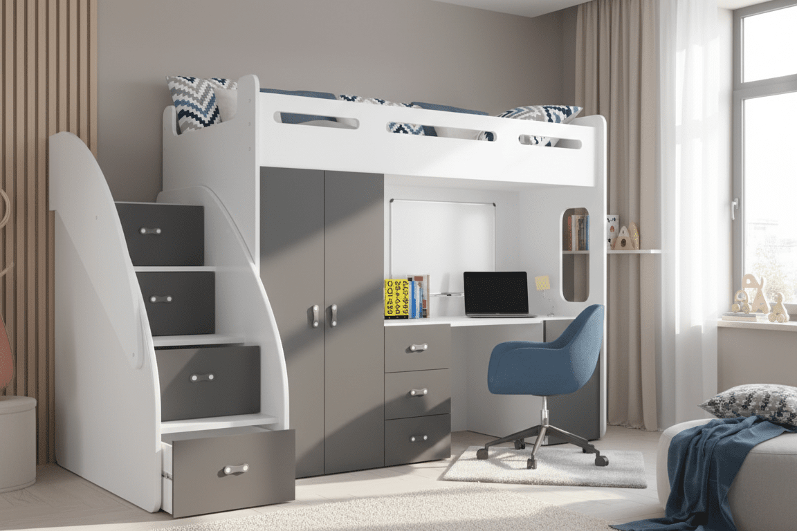 Kannerhéichbett Study - mat Schreifdësch, vill Späicherplaz & Matratz