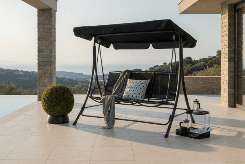 Gaart Hollywoodschaukel Madeira - mat Polyesterbezuch a Stolgestell a Schwaarz