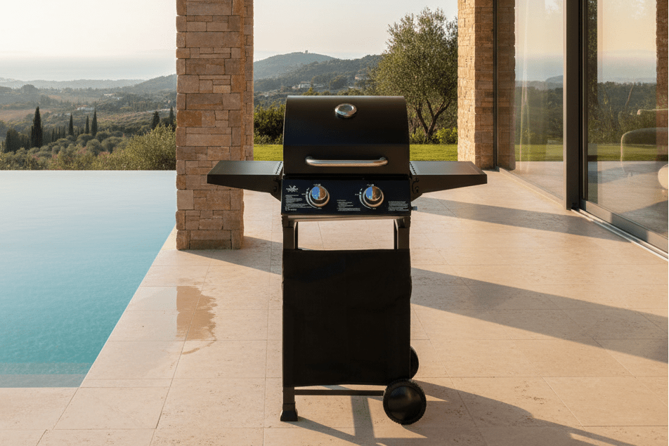 Gasgrill BarbecuePro – 2-Brenner Grillwägelchen mat Thermometer & zousammeklappbare Säitetësch