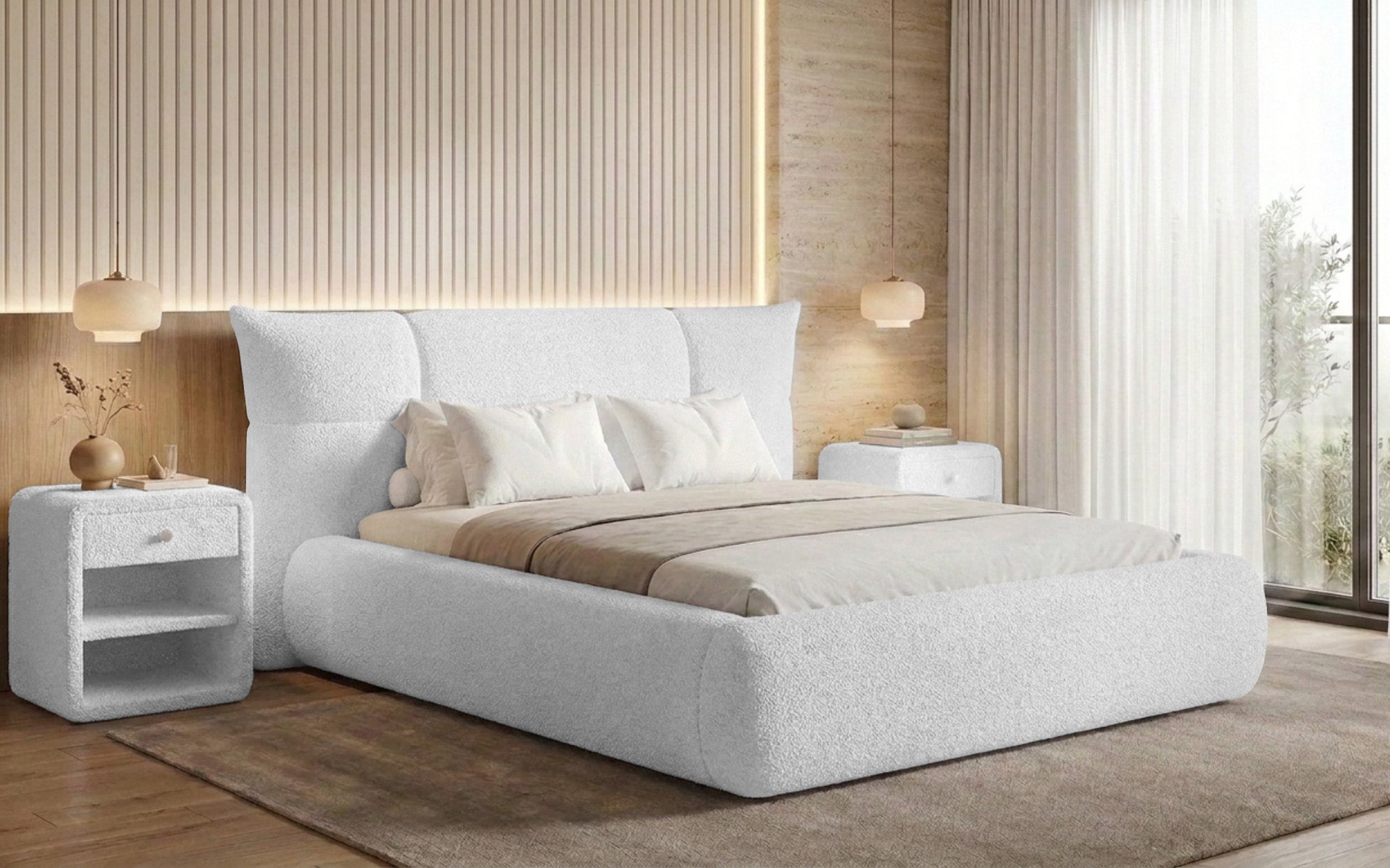 Designer-Polsterbett Gioia an Teddy-Bouclé mat Stauraum