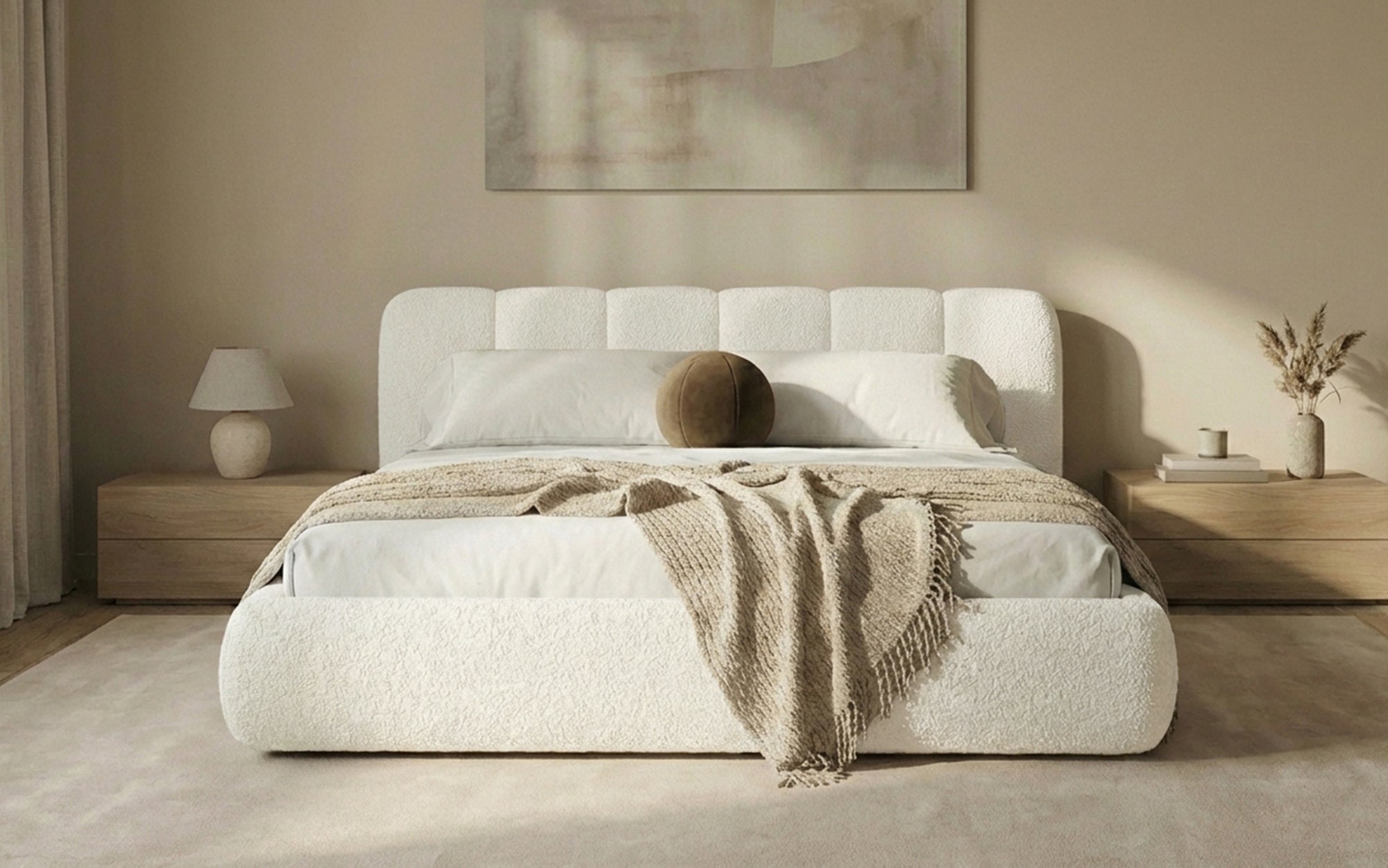 Designer-Polsterbett Avelo am Bouclé mat Späicherplaz