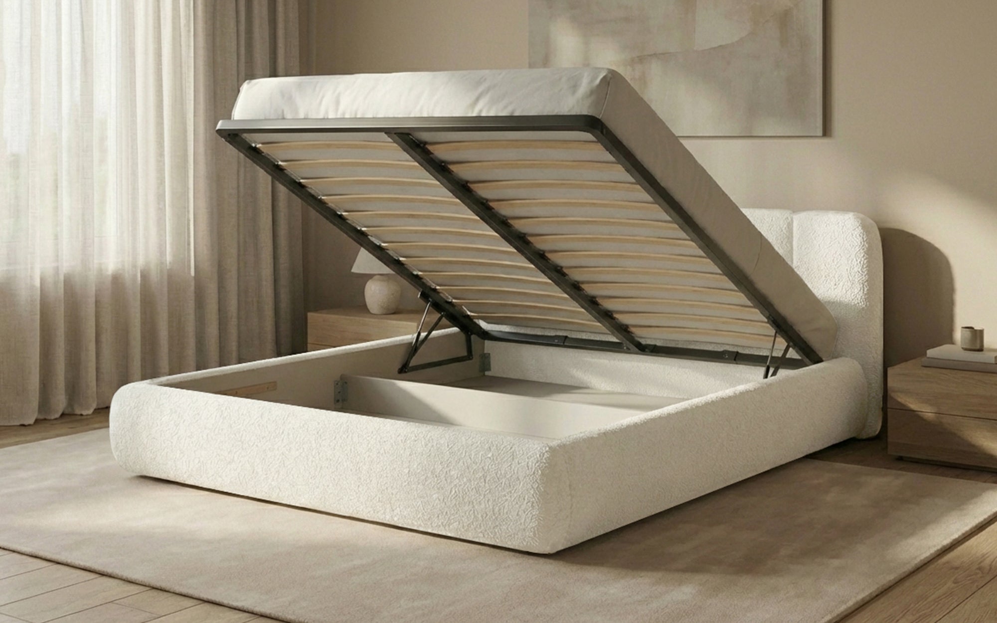 Designer-Polsterbett Avelo am Bouclé mat Späicherplaz