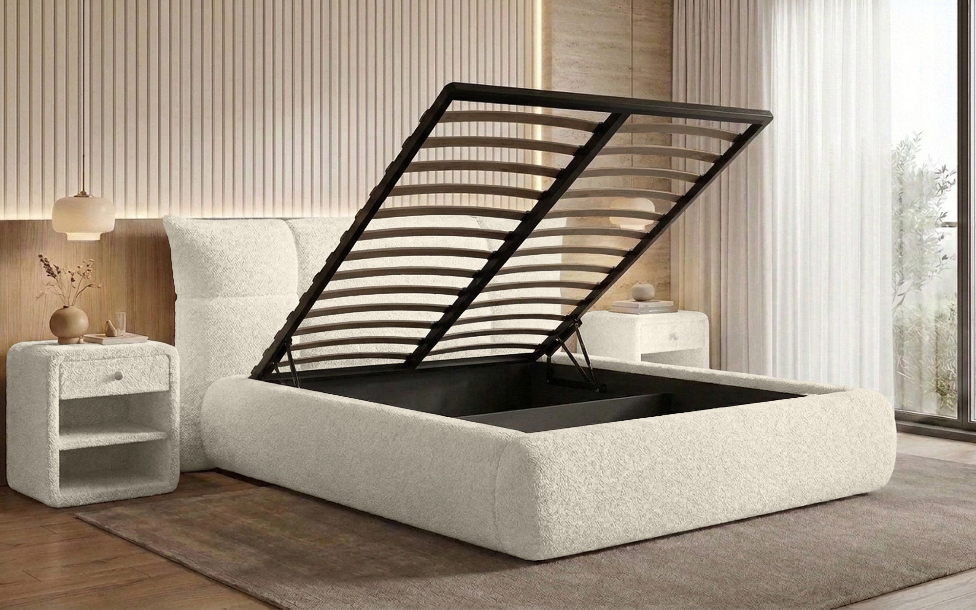 Designer-Polsterbett Gioia an Teddy-Bouclé mat Stauraum