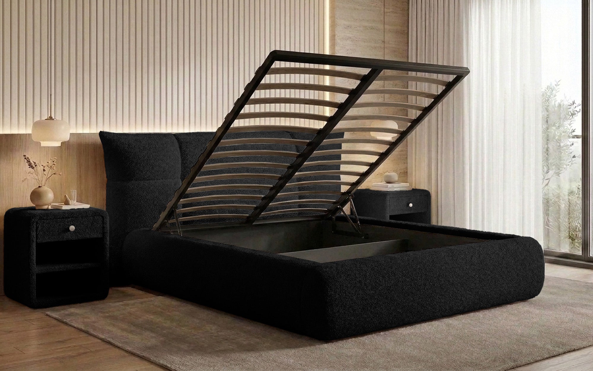 Designer-Polsterbett Gioia an Teddy-Bouclé mat Stauraum