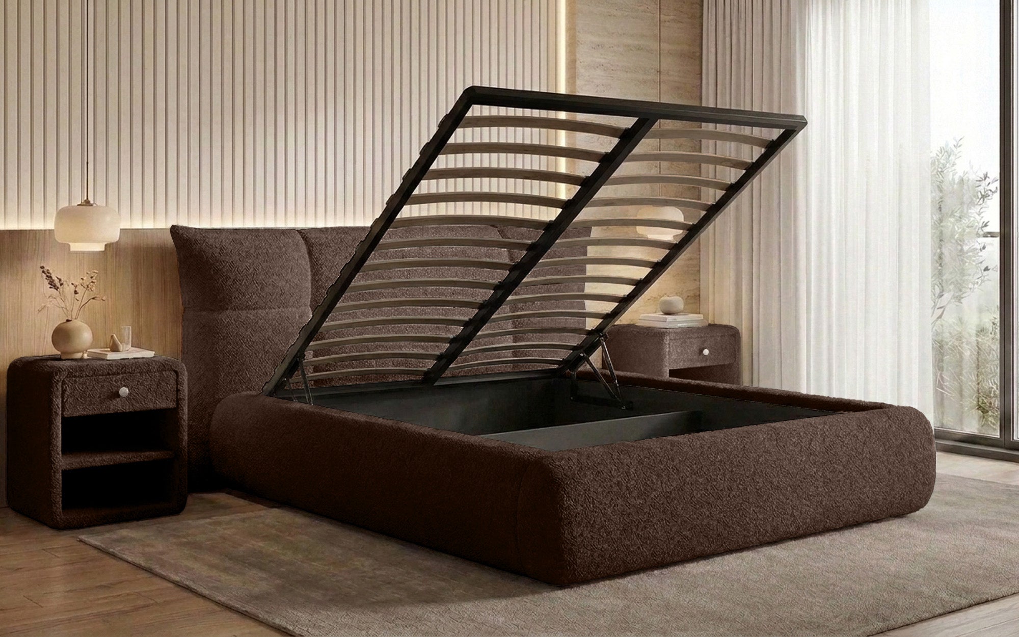 Designer-Polsterbett Gioia an Teddy-Bouclé mat Stauraum