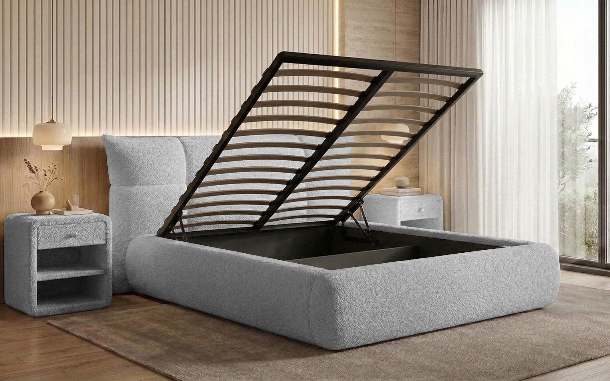 Designer-Polsterbett Gioia an Teddy-Bouclé mat Stauraum