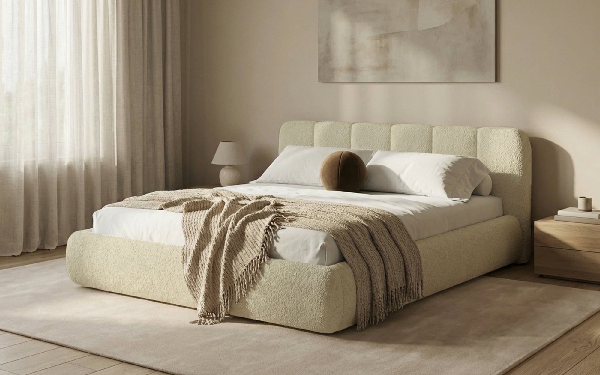 Designer-Polsterbett Avelo am Bouclé mat Späicherplaz